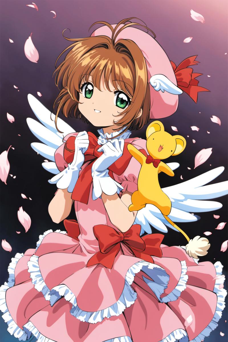 22121-771838964-1girl, brown hair, kinomoto sakura, hat, gloves, dress, green eyes, white gloves, kero, wings, magical girl, bow, short hair, sh.png